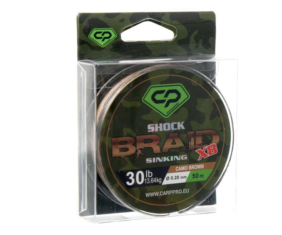 Carp Pro Diamond Shock Braid PE X8 30lb 50 m 0.20 mm Camo Brown Shock Leader